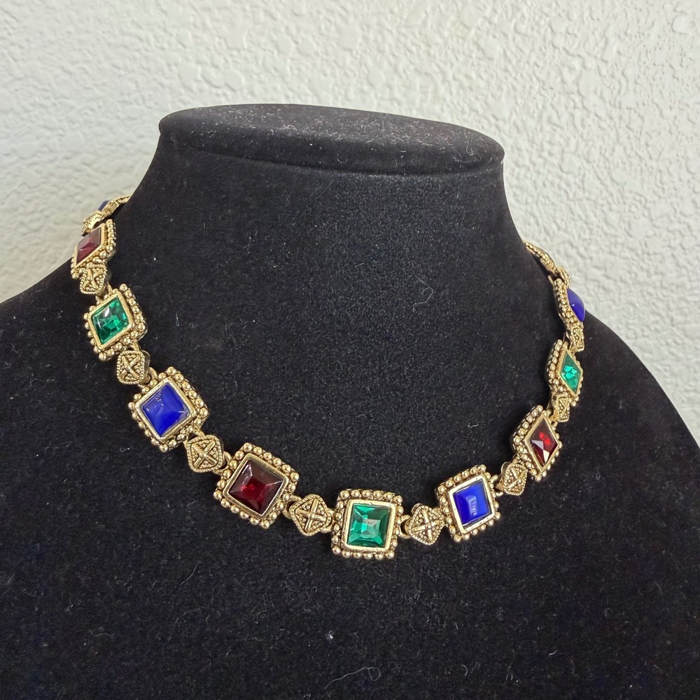 Vintage Gold Tone Jewel Tone Multi Color Square Link Collar Necklace 16"